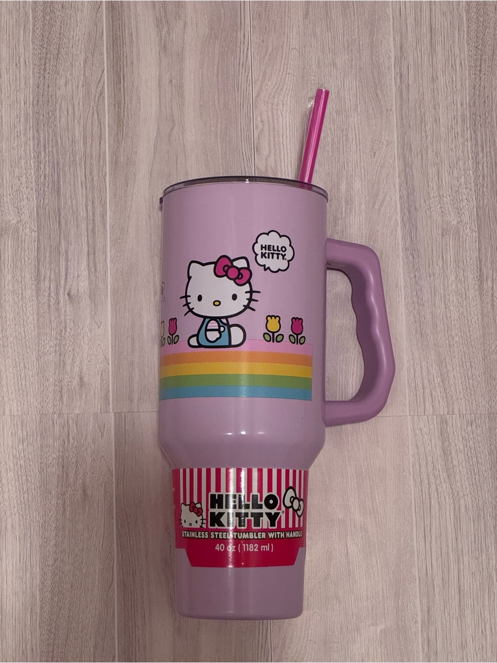 Hello Kitty Pink Lavender Rainbow Tumbler with Handle